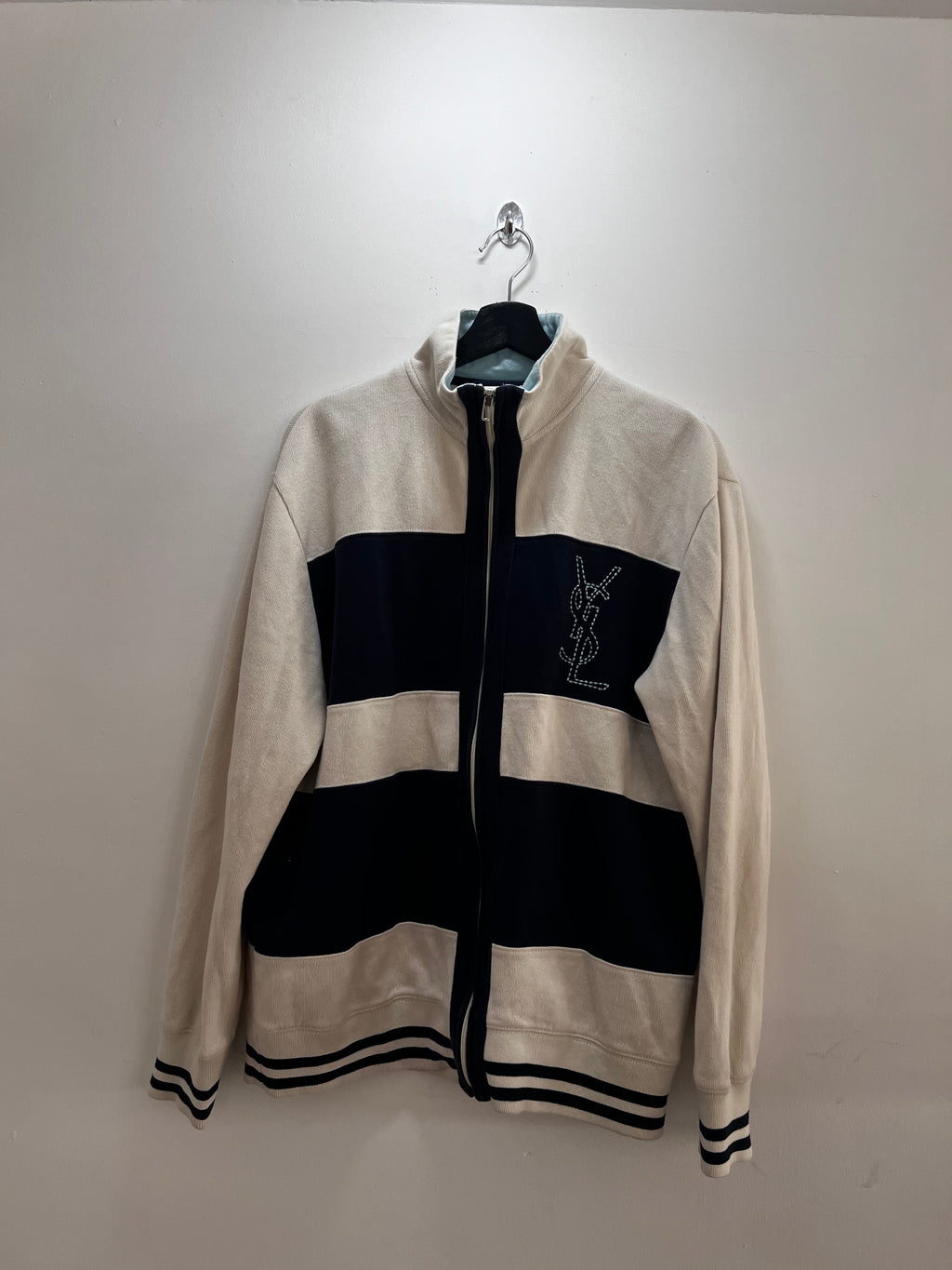 Yves Saint Laurent (YSL) Sweatjacke – Creme/Marineblau, Größe M