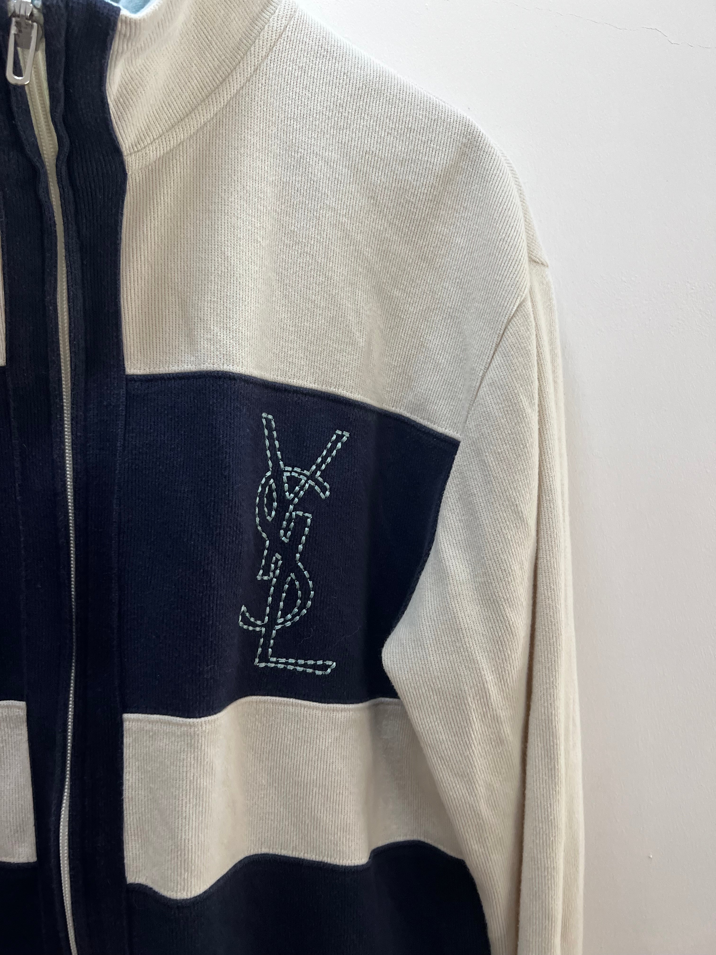 Yves Saint Laurent (YSL) Sweatjacke – Creme/Marineblau, Größe M