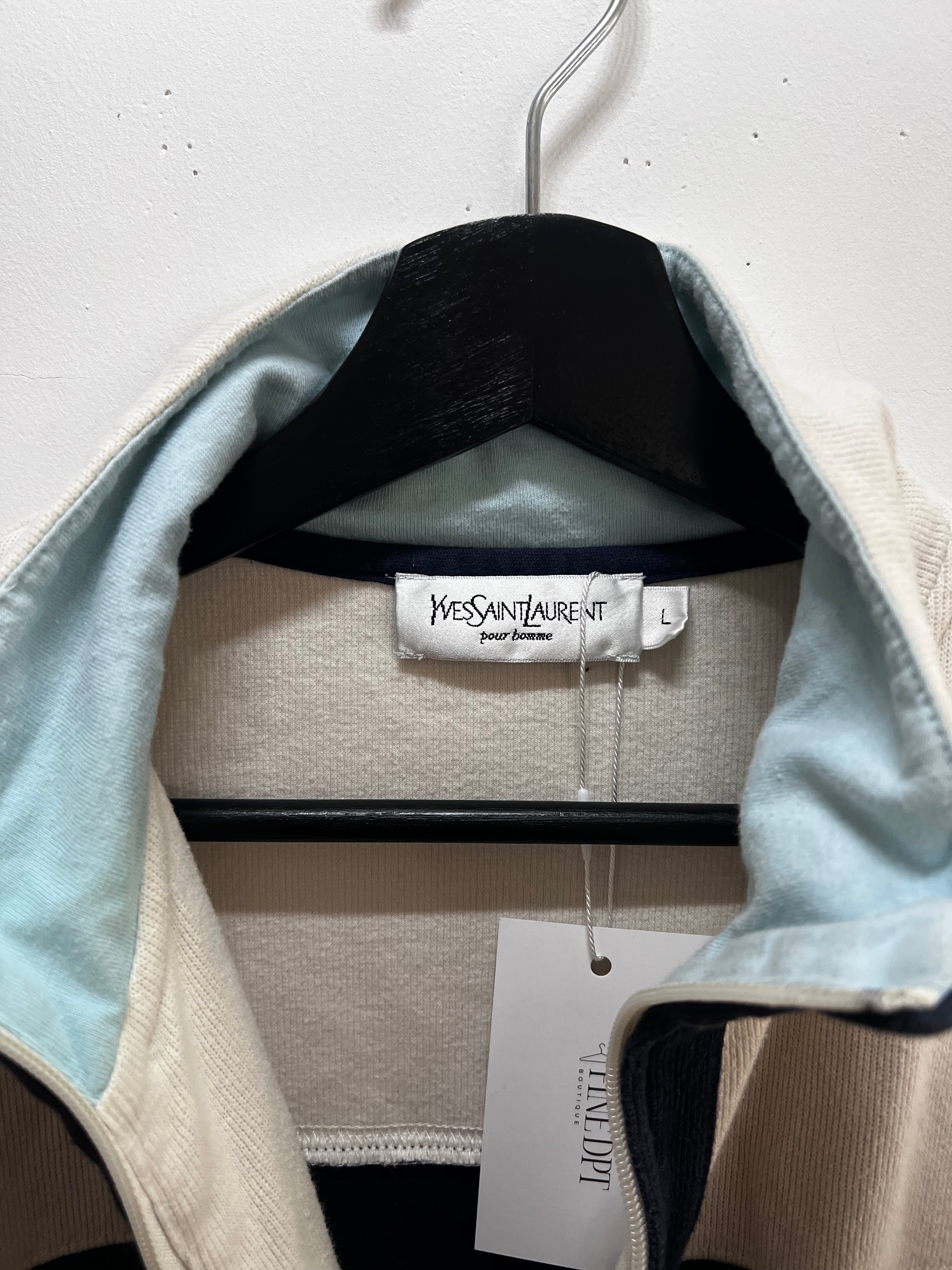 Yves Saint Laurent (YSL) Sweatjacke – Creme/Marineblau, Größe M